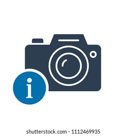 Photo camera icon, technology icon with information sign. Photo camera icon and about, faq, help, hint symbol. Vector illustration