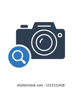 Photo camera icon, technology icon with research sign. Photo camera icon and explore, find, inspect symbol. Vector illustration