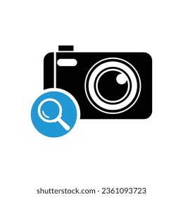 Photo camera icon, technology icon with research sign. Photo camera icon and explore, find, inspect symbol. Vector illustration