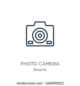 Photo camera icon. Thin linear photo camera outline icon isolated on white background from brazilia collection. Line vector sign, symbol for web and mobile