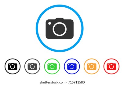 Photo Camera icon. Vector illustration style is a flat iconic photo camera gray rounded symbol inside light blue circle with black, gray, green, blue, red, orange color versions.