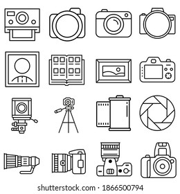 
Juego de vectores de iconos de cámara fotográfica. Colección de signos de ilustraciones de estudio fotográfico. símbolo de película.