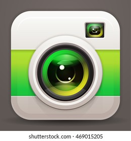 Photo camera icon, vector shiny lens. Green reflex