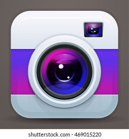 Photo camera icon, vector shiny lens. Purple reflex