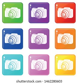Photo camera icons set 9 color collection isolated on white for any design