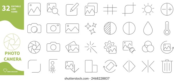 Photo and camera icons. Set of photo editing icons, camera, rotate, restore,...