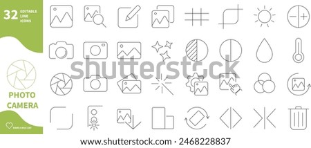 Photo and camera icons. Set of photo editing icons, camera, rotate, restore,...