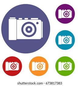 Photo camera icons set in flat circle reb, blue and green color for web