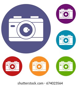 Photo camera icons set in flat circle reb, blue and green color for web