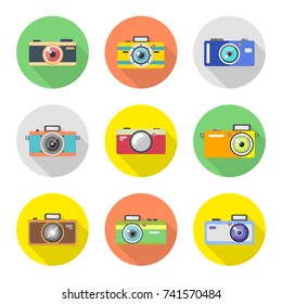 Photo camera icons set in flat design style. Collection stylish retro and vintage cameras with long shadows. Round badges in modern colors for web, advertising photographic equipment, interface