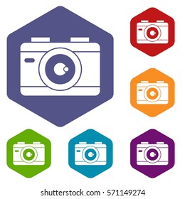 Photo camera icons set rhombus in different colors isolated on white background
