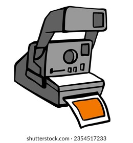 Photo camera with instant photo printing, Photography camera vector, sketch drawing of hand holding camera, silhouette of still camera for retro poster, book illustration.