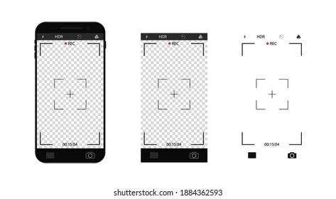 Photo camera interface in mobile. Phone with record video screen with zoom, focus grid. Selfie frame template in smartphone. vector illustartion