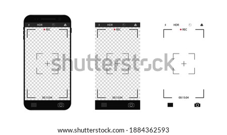 Photo camera interface in mobile. Phone with record video screen with zoom, focus grid. Selfie frame template in smartphone. vector illustartion