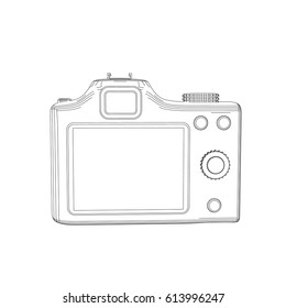 Photo camera. Isolated on white background.  Vector outline illustration.Back view.