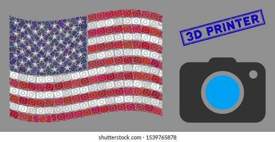 Photo camera items are combined into USA flag collage with blue rectangle rubber stamp watermark of 3D Printer text. Vector collage of American waving official flag is designed of photo camera items.