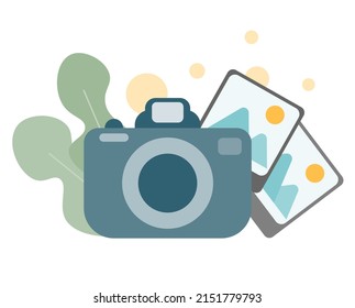Photo camera with with lens and button and Photo card. Vector icon. Cartoon style.
