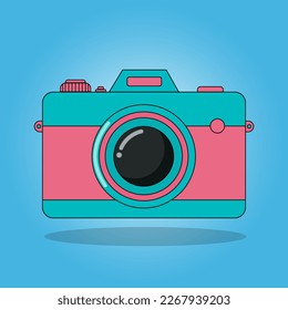 Photo camera with with lens and button. Cartoon minimal style.
