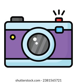 Cámara fotográfica con lente y botón que muestra el icono de concepto de la fotografía al estilo de moda