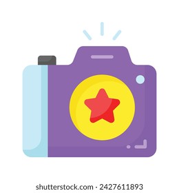 Cámara de fotos con lente y botón que muestra el icono conceptual de la fotografía en estilo de moda