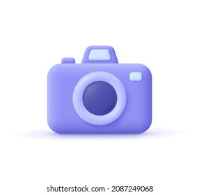 Photo camera with with lens and button.3d vector icon. Cartoon minimal style.