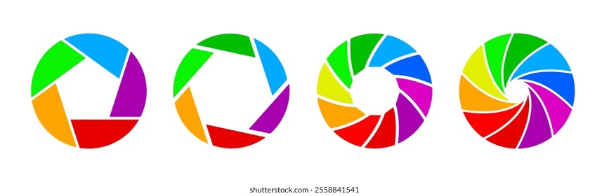 Photo camera lens diaphragm colored set icons. Photo lenses aperture zoom, cameras shutter icon and shutter apertures pictogram. Lomography film lens or snap optics objective lenses