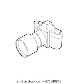 Photo camera with lens icon in outline style isolated on white background. Shooting symbol