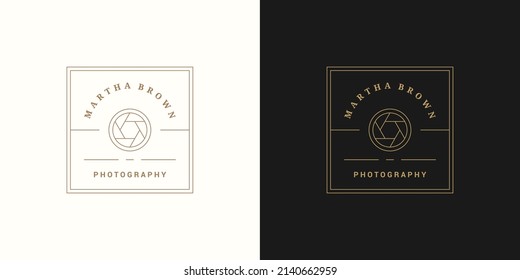 Photo camera lens logo emblem design template vector illustration in minimal line art style. Linear shutter silhouette for photographer logotype or photo studio brand insignia