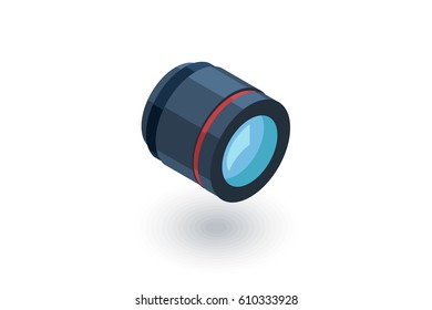 photo camera lens, optical isometric flat icon. 3d vector colorful illustration. Pictogram isolated on white background