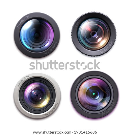 Photo camera lens, optics icons. Professional photography equipment, video camera lens with glass glossy reflections, optics violet coating and aperture blades, focusing ring 3d realistic vector