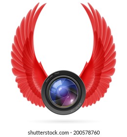 Photo camera lens with raised up red wings