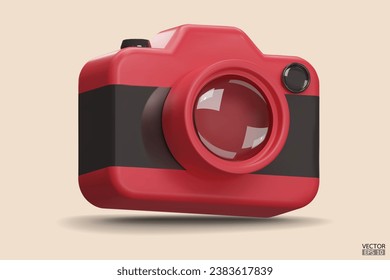 Photo camera with lens. Red Camera icon. Modern simple snapshot photography sign. 3d vector illustration.