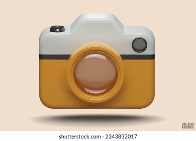 Photo camera with lens. Yellow Camera icon. Modern simple snapshot photography sign. 3d vector illustration.