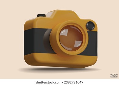 Photo camera with lens. Yellow Camera icon. Modern simple snapshot photography sign. 3d vector illustration.