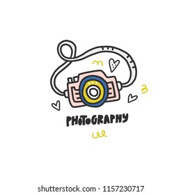 Photo camera and lettering - simple doodle style vector illustration. Photo studio logo concept