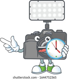 Photo camera with lighting cartoon character style with a clock
