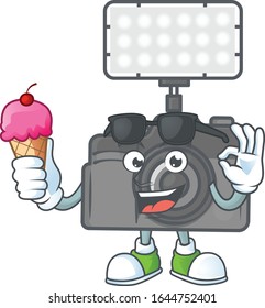 Photo camera with lighting mascot cartoon style eating an ice cream