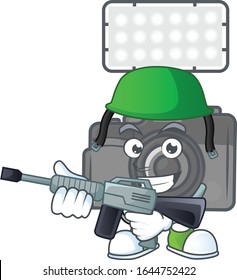 Cámara fotográfica con diseño de mascota de iluminación con uniforme del ejército con ametralladora