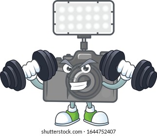 Photo camera with lighting mascot icon on fitness exercise trying barbells