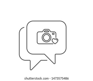Photo camera line icon. Chat bubble design. Love photography sign. Heart symbol. Outline concept. Thin line photo camera icon. Vector