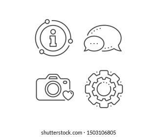 Photo camera line icon. Chat bubble, info sign elements. Love photography sign. Heart symbol. Linear photo camera outline icon. Information bubble. Vector