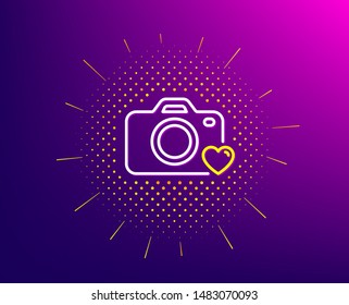 Photo camera line icon. Halftone pattern. Love photography sign. Heart symbol. Gradient background. Photo camera line icon. Yellow halftone pattern. Vector