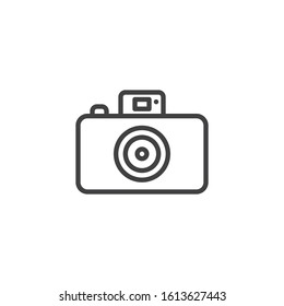 Photo camera line icon. linear style sign for mobile concept and web design. Camera with flash light outline vector icon. Symbol, logo illustration. Vector graphics
