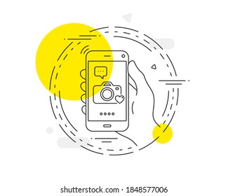 Photo Camera Line Icon. Mobile Phone Vector Button. Love Photography Sign. Heart Symbol. Photo Camera Line Icon. Abstract Concept Badge. Vector