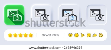 Photo camera line icon. Neumorphic, Flat shadow, 3d buttons. Image photography sign. Picture placeholder symbol. Line photo camera icon. Social media icons. Vector