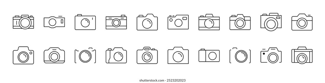 Photo Camera Line Icon Pack. Editable Stroke. Minimalistic Linear Pictogram for Design of Cards, Apps, Banners, Posts