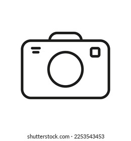 Photo Camera Line Icon. Photograph Flash Equipment Linear Pictogram. Photographic Optical Lens Outline Symbol. Video, Photography Image. Editable Stroke. Isolated Vector Illustration.