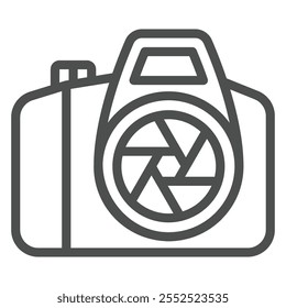 Ícone da linha da câmera fotográfica, conceito do fotógrafo profissional. Gráficos vetoriais. Sinal de fotocâmera no fundo branco, ícone de estilo de contorno para design móvel ou web