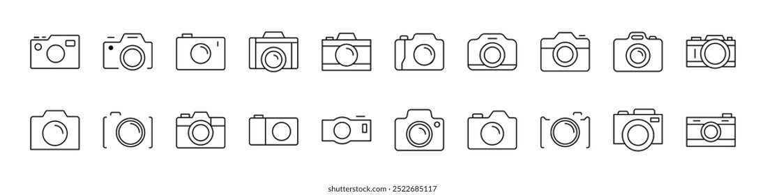 Conjunto de iconos de línea de cámara fotográfica. Trazo Editable. Pictograma lineal minimalista para el diseño de tarjetas, App, Anuncios, publicaciones