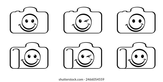 Photo camera line pattern with love heart symbol. cameras collection. Photocamera icon. Take photo and smile. For Photography flash concept. Smile You're on camera. Cartoon aperture face and eye.